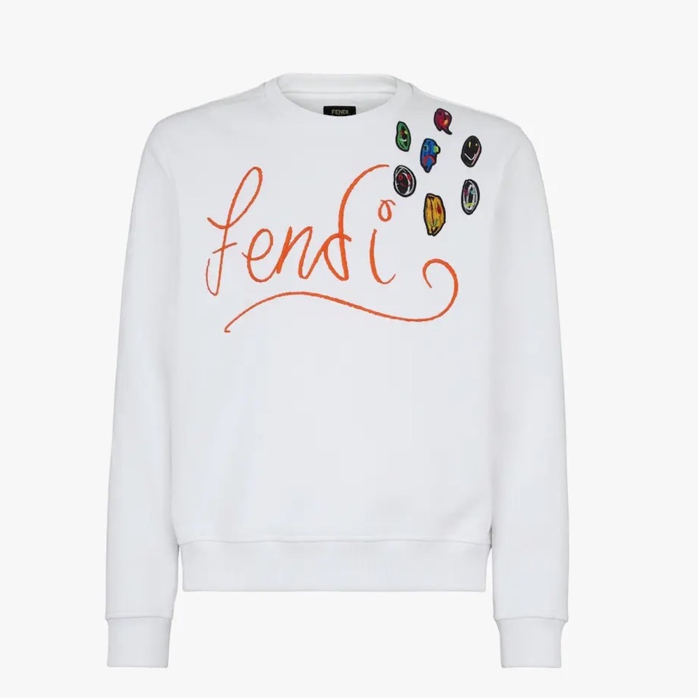 NEW WITH TAGS Authentic Fendi White Logo Embroidered Cotton Crewneck Sweatshirt